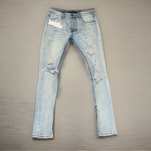 Vintage Light Blue Distressed Ripped Skinny Tapered W/Ankle Zipper Denim Jeans